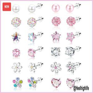12 Pairs Hypoallergenic Screw Back Stud Earrings Surgical Steel CZ